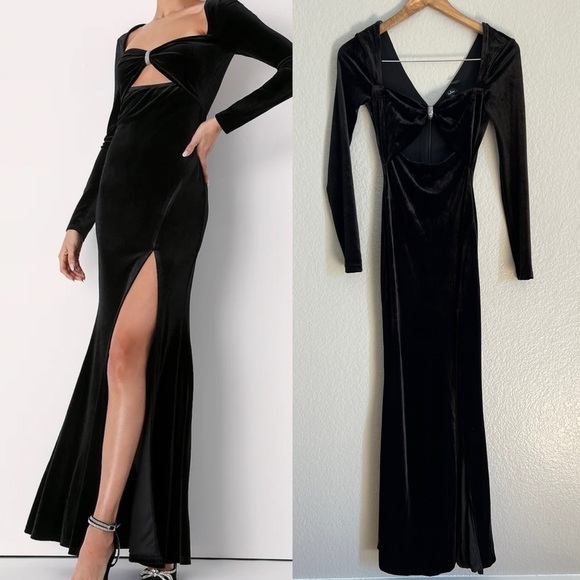 NWOT Hollywood Heyday Black Velvet Long Sleeve Mermaid Maxi Dress - Picture 3 of 12